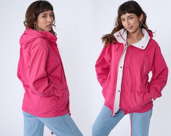 Bright Pink Hooded Windbreaker Jacket 80s Pacific Trail Zip Up Cotton Blend Hoodie Windbreaker Hood Coat Hood Vintage Drawstring Small S