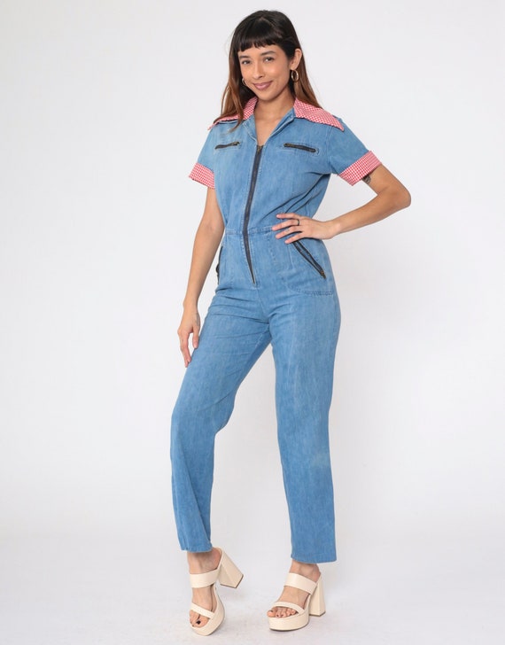 70s Denim Jumpsuit Red Gingham Collar Straight Leg Jumpsuit Zip Up Seventies Boho One Piece Pants Short Sleeve Retro Vintage 1970s Small
