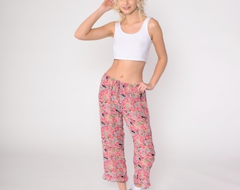 Jaren 90 pure bloemenbroek roze gegolfde bijgesneden broek taillebroek met trekkoord vintage enkelbroek jaren 90 dun lichtgewicht klein S