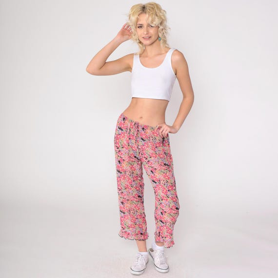 90s Sheer Floral Pants Pink Ruffled Cropped Pants Drawstring Waist Trousers Vintage Ankle Pants 1990s Thin Lightweight Small S