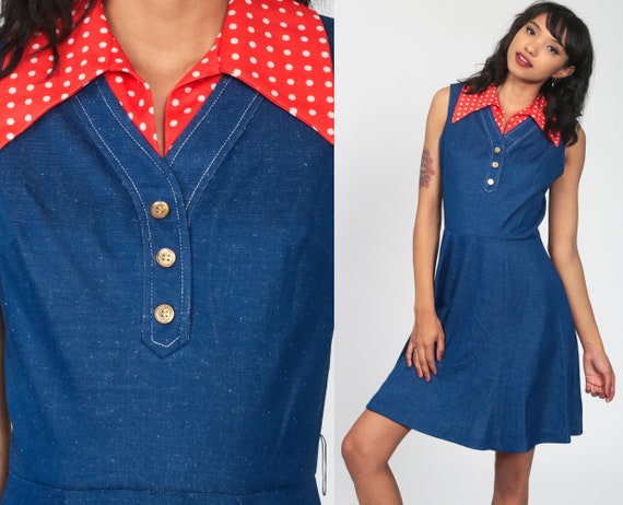 70s Mini Dress Blue Polka Dot Collared Dress Mod Dress Red Button Up High Waisted Twiggy Dress Minidress 1970s Vintage Sleeveless Small 4