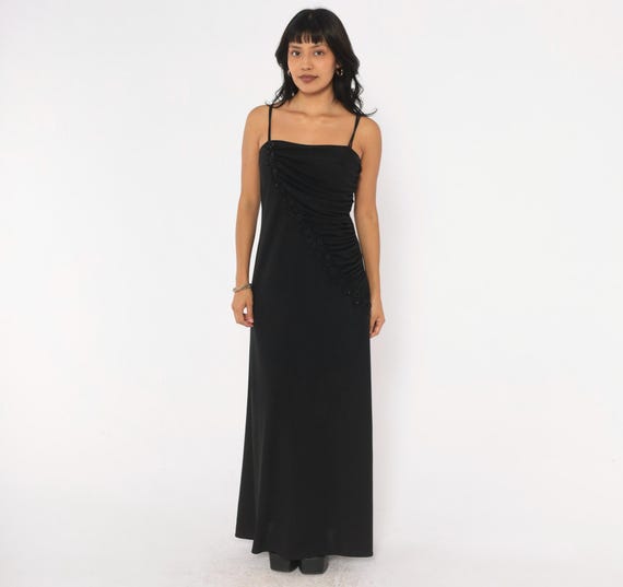 90s Black Maxi Dress Beaded Trim Ruched Square Neck A Line Long Evening Gown Cocktail Party Prom Goth Grunge Vampy Romantic Vintage Medium M