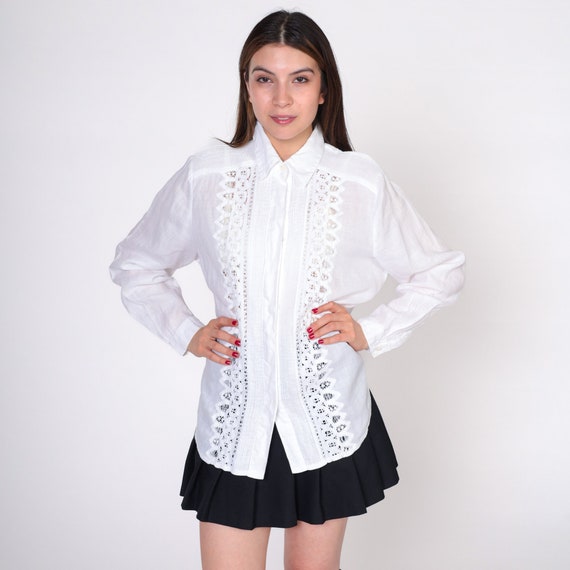Cutout Lace Blouse 90s White Button up Shirt Boho Top Cutwork Long Sleeve Blouse Cut Out Button Up Vintage Bohemian 1990s Extra Large xl