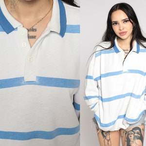 Polo Sweatshirt White Blue Striped Sweatshirt Sports 80s Shirt Pullover Pocket Sweatshirt Collared Button Up Jumper 90s Vintage Large L image 1