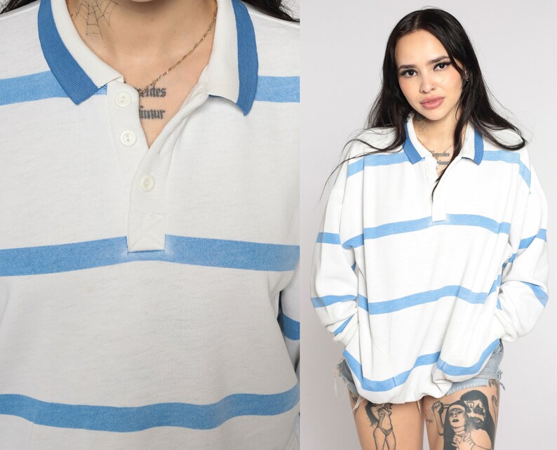 Polo Sweatshirt White Blue Striped Sweatshirt Sports 80s Shirt Pullover Pocket Sweatshirt Collared Button Up Jumper 90s Vintage Large L image 1