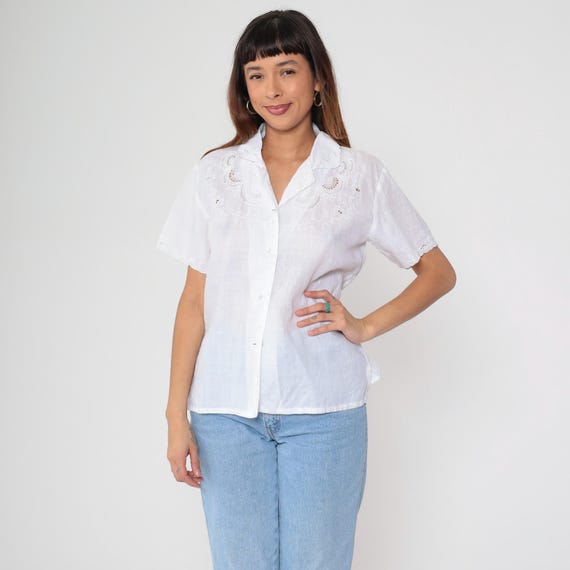 Vintage 80s Embroidered Linen Top White Floral Cutout Lace Blouse Cutwork Shirt Cut Out Short Sleeve Bohemian Button Up 1980s Medium 38