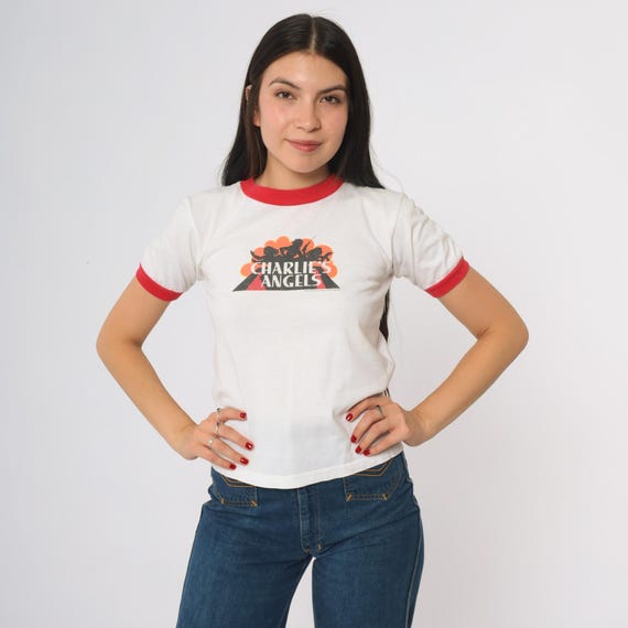Charlies Angels Ringer 90s T Shirt White Red Trim Graphic Tee Retro TV Show Logo Print Short Sleeve 1990s Anvil Cotton Youth Medium M