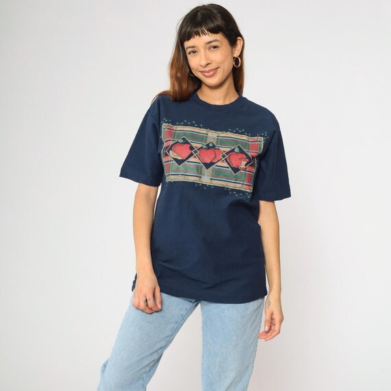 Vintage 90s Apple Shirt Navy Blue Fruit Shirt Plaid Country Farm Food Shirt Graphic Shirt 1990s Retro Tshirt Medium M