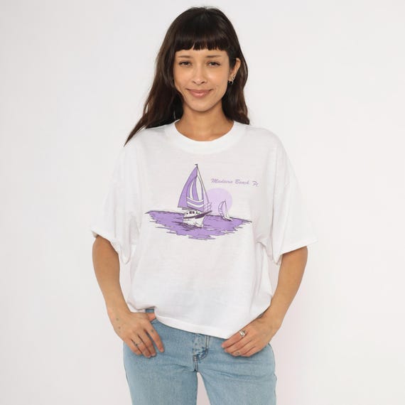 90s Sailboat Graphic Tee White Purple Nautical Beach Crop Top Cotton Cropped Shirt Vacation Souvenir Florida Vintage Summer One Size OSFM
