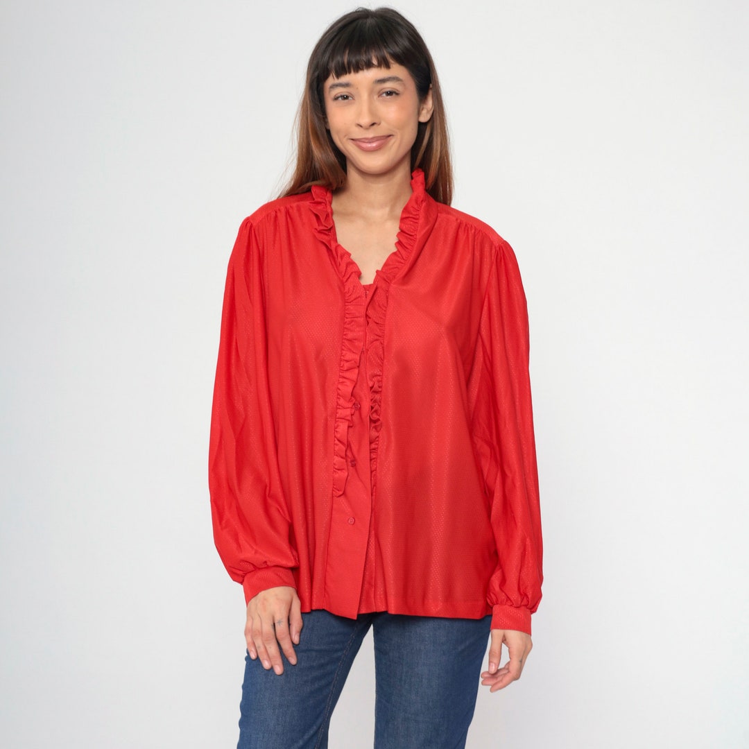 70s Red Ruffled Blouse 70s Balloon Puff Sleeve Top Button up Shirt ...