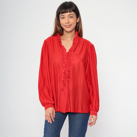 70s Red Ruffled Blouse 70s Balloon Puff Sleeve Top Button up Shirt Retro Secretary Seventies Simple Plain Vintage 1970s Oversize Large 40