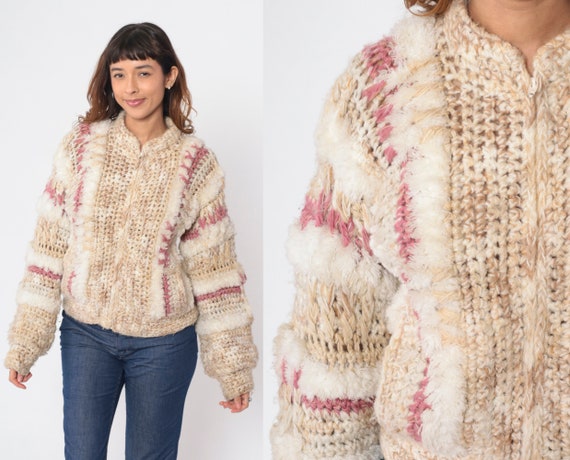 Chunky Knit Sweater 70s Zip Up Fuzzy Cardigan Tan… - image 1