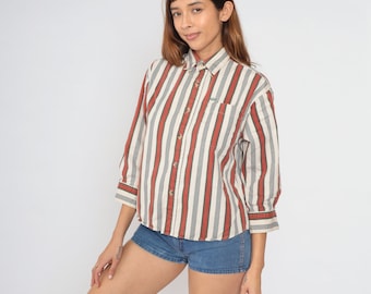 Striped Button Up Shirt 90s Dockers White Red Green 3/4 Sleeve Shirt Retro Preppy Streetwear Collared Top Vintage 1990s Cotton Boy's Medium