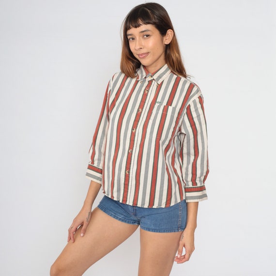 Striped Button Up Shirt 90s Dockers White Red Green 3/4 Sleeve Shirt Retro Preppy Streetwear Collared Top Vintage 1990s Cotton Boy's Medium