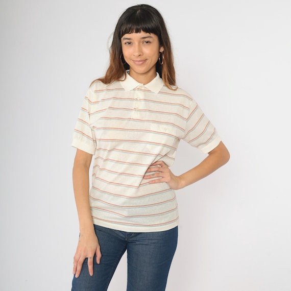 Vintage Off-White Striped Polo Shirt 80s Collared T-Shirt Retro Half Button Up Short Sleeve TShirt Preppy Blue Rust 1980s Small Medium