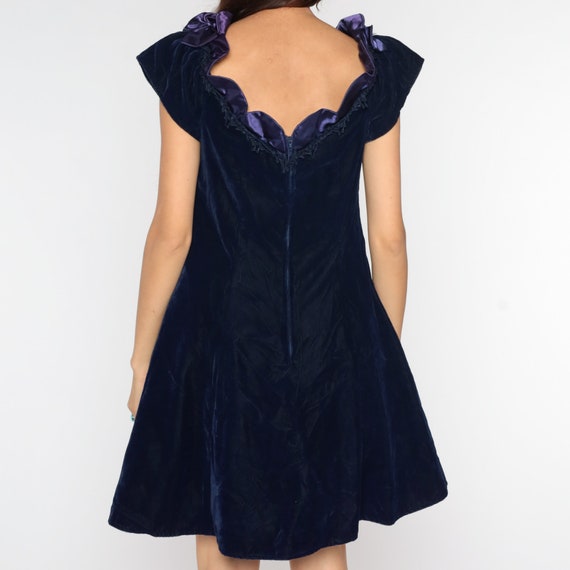 Velvet Party Dress 80s Navy Blue Velvet Ruffle Mi… - image 7