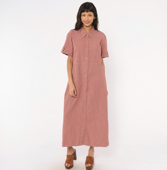 90s Gingham Shirtdress Red Cream Check Snap Front Cotton Collar Short Sleeve Chest Pocket Summer Vacation Shirt Dress Vintage Extra Large XL
