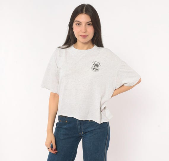 Idaho Fish And Game 90s Graphic Tee Grey Cotton Boxy Crop Short Sleeve Wildlife Logo Ash Gray Vintage Unisex Pullover Top Extra Large XL