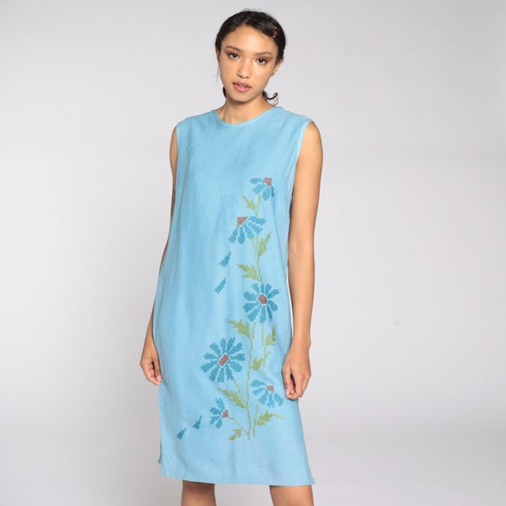 60s Mod Dress Blue Embroidered Floral Midi Hippie Vintage 70s Boho Sleeveless Sheath Sixties Minidress Shift Bohemian Retro Small S