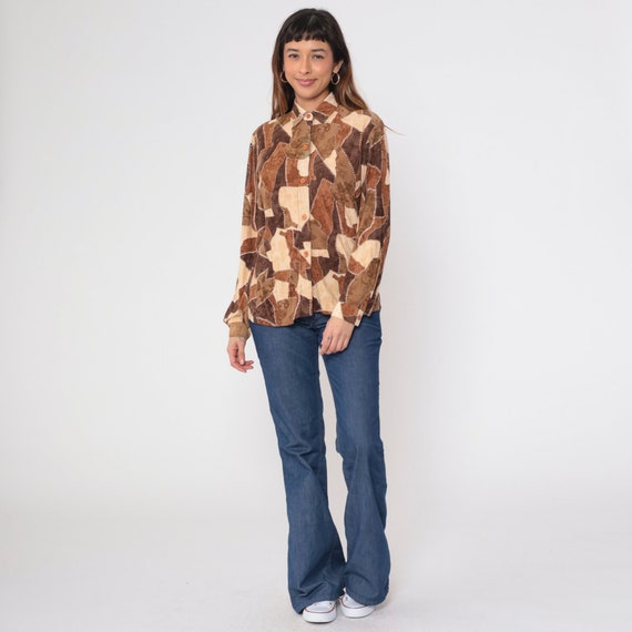 90s Patchwork Blouse Brown Abstract Button Up Shi… - image 3