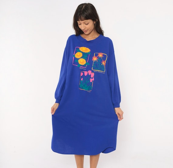 90s Floral Sweatshirt Dress Cobalt Blue Sunflower Tulip Long Sleeve Nightgown Loungewear Royal Sleepshirt Relaxed Fit Small To Large S M L