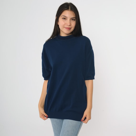 70s Navy Blue Knit Top Short Sleeve Mock Neck Minimalist Sweater Classic Solid Pullover Mod Era Fitted Preppy Soft Knitwear Medium Large