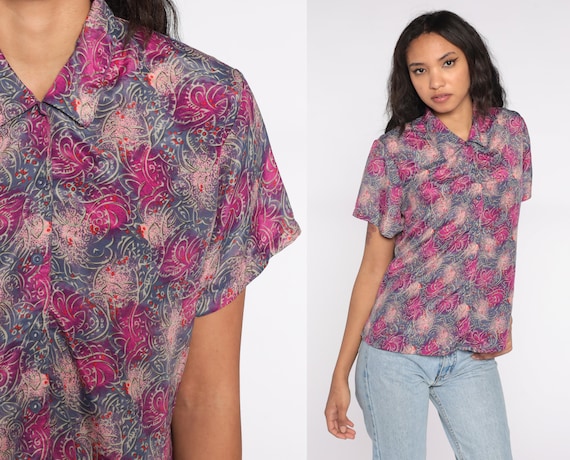 Abstract Button Up Shirt 80s 90s Purple Pink Print Shirt Button Up Shirt Psychedelic Short Sleeve 1980s 1990s Vintage Large L