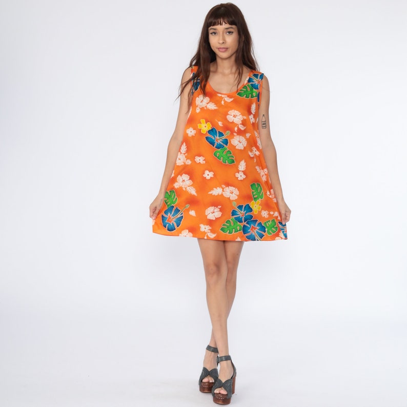 Orange Hawaiian Dress Floral Dress Tropical Mini 90s Tank - Etsy