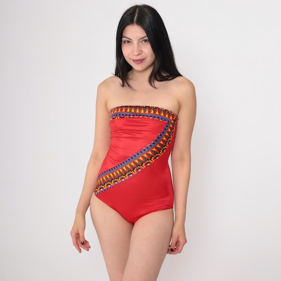 Vintage Strapless Swimsuit Red Geometric Bathing Suit 80s Southwestern Aztec One Piece Swim Suit 1980s Boho Hippie Small