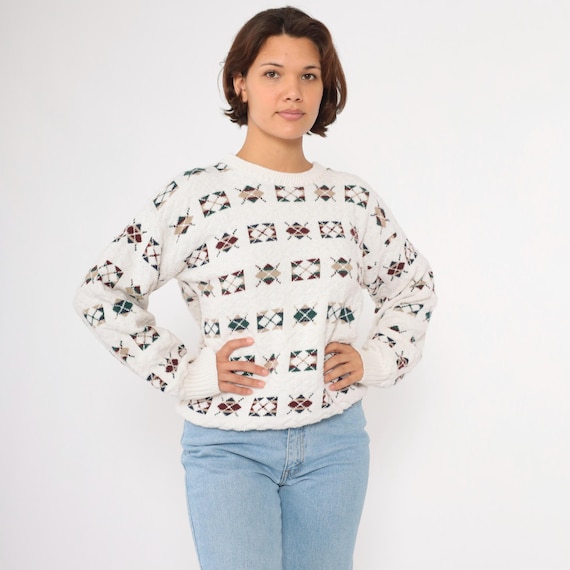 Vintage Argyle Sweater 90s Checkered Off-White Pullover Preppy Crewneck Slouchy Jumper 1990s Cotton Knit Oversized Medium