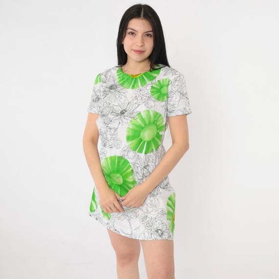 Vintage White Floral Dress Graphic Mini Dress 90s Green Flower Print 1990s Short Sleeve Minidress Shift Retro Small S