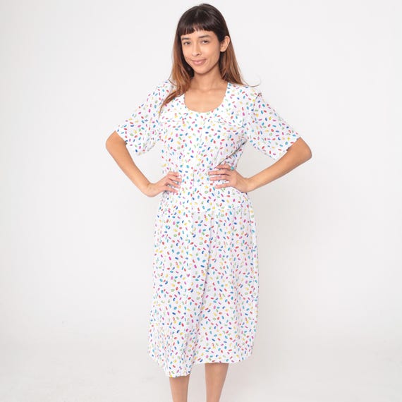 Jelly Bean Dress 80s Confetti Candy Print White Scattered Dots Multicolor Short Puffy Sleeve Summer Day Dress Vintage Sundress Medium M