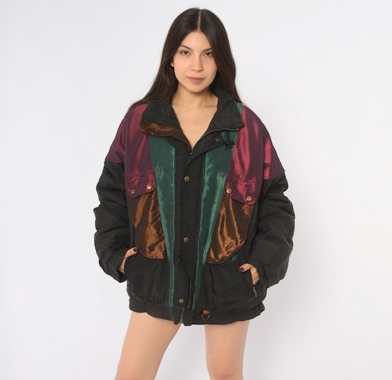 90s Color Block Ski Jacket Black Purple Green Iridescent Bomber Windbreaker Snap McGregor Padded Puffer Winter Outdoors Coat Vintage Large L
