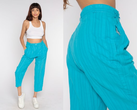Turquoise Tapered Pants Pleated Trousers High Waisted Trousers 80s Tapered Leg 90s Vintage Summer Hipster Medium 29
