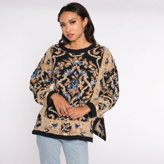 Black Floral Sweater 90s Boho Graphic Print Cotto… - image 3