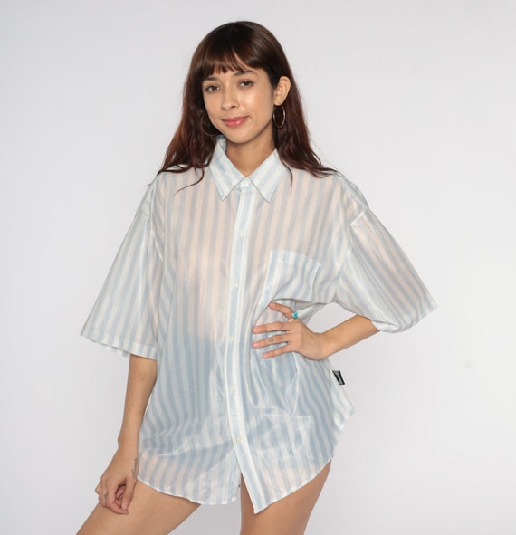 Sheer Button Up Shirt 70s White Blue Striped Disco Shirt Top 1970s Oxford Short Sleeve Seventies Pointed Collar Shirt Men's Extra Large xl
