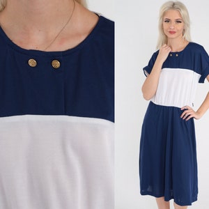 80s Nautical Dress Anchor Button Color Block Navy Blue Day Dress White Midi Sailor Short Sleeve High Waist Vintage 1980s Slouch Medium Large image 1