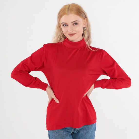Red Turtleneck Shirt 80s Long Sleeve T-Shirt Pullover Top Funnel Retro Turtle Neck Simple Plain Cotton Single Stitch Vintage 1980s Medium M