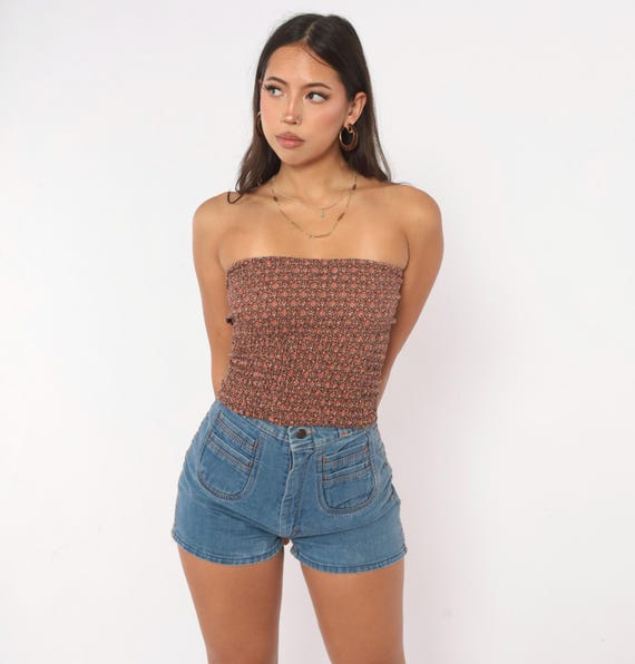 70s Brown Floral Tube Top Smocked Strapless Cropped Rust Tan Ditsy Bandeau Shirred Stretch Hippie Cottagecore Summer Blouse Vintage Small S