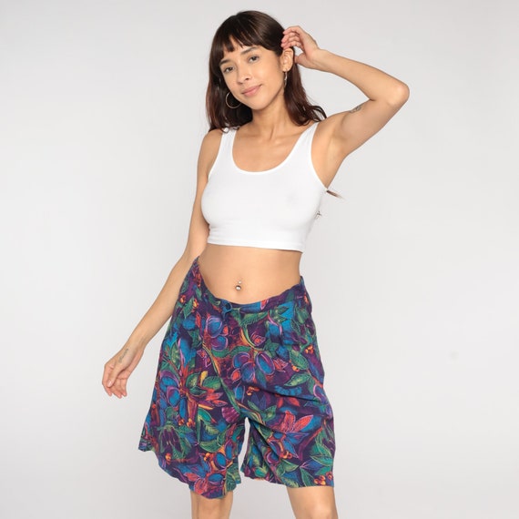 90s Shorts Purple Leaf Fruit Print Baggy Pleated Shorts Boho High Waisted Wide Leg Bermuda Shorts Blue Green 1990s Vintage Medium M