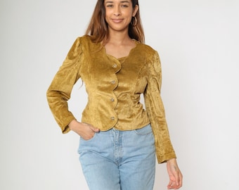 80s Velour Blouse Gold Long Puff Sleeve Scalloped Jeweled Rhinestone Button Closure Boho Velvet Top 1980s Party Formal Medium M