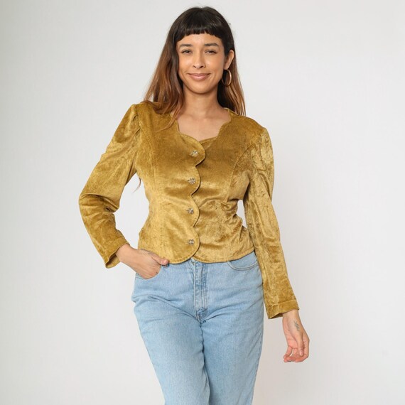 80s Velour Blouse Gold Long Puff Sleeve Scalloped Jeweled Rhinestone Button Closure Boho Velvet Top 1980s Party Formal Medium M