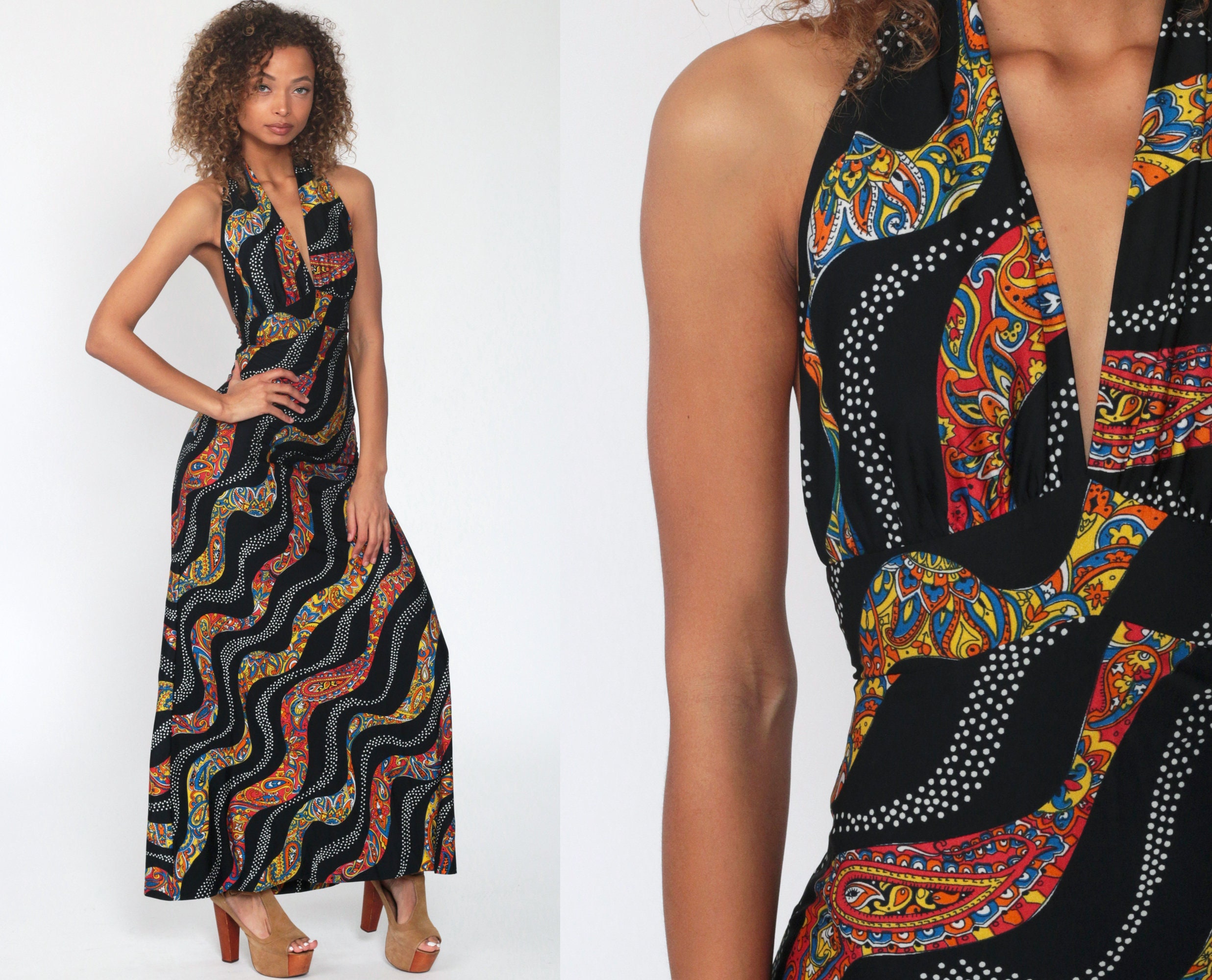 70s Maxi Dress Black Psychedelic Dress Paisley Dress Boho Halter Neck Backless 1970s Hippie 