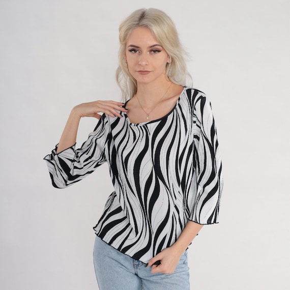 Black and White Top Y2k Abstract Pleated Blouse Zebra Print Shirt 3/4 sleeve Retro Bohemian Hippie Statement Top Vintage 00s Medium Large
