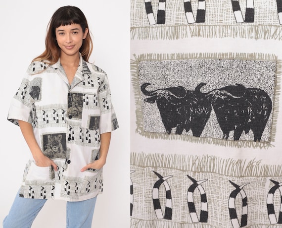 80s Safari Shirt African Buffalo Lion Giraffe Blouse Black White Jungle Animal Tropical Print Top Button Up Shirt 1980s Men's Large