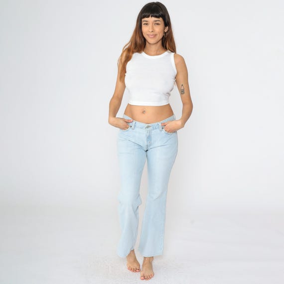 Vintage Boot Cut Levis Jeans 518 Superlow Flared Jeans 90s Denim Pants Levi Strauss Light Blue 1990s Low Rise Size 9 Jr. Medium