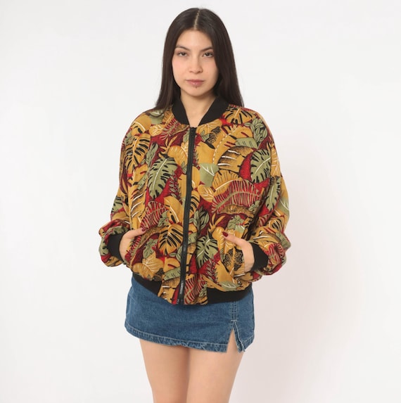 Beaded Tropical Leaf Bomber 90s Zip Front Jacket Mustard Red Monstera Palm Black Relaxed Fit Gold Green Foliage Western Collection Small S