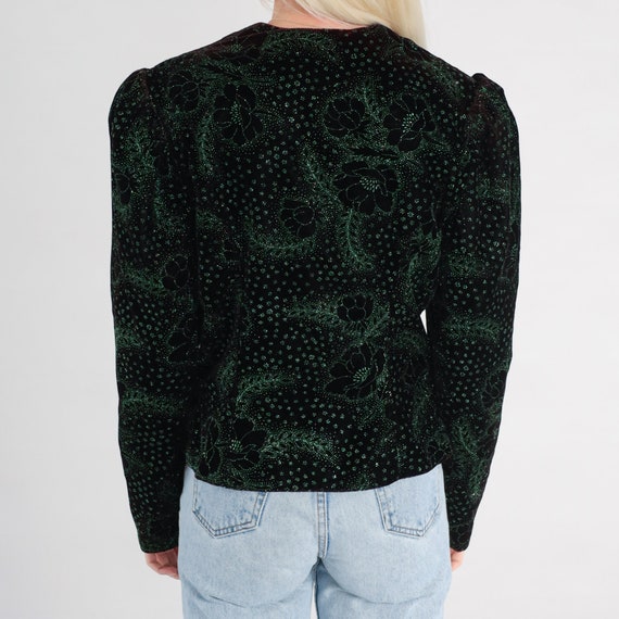 80s Velvet Blouse Sparkly Green Black Floral Shir… - image 8