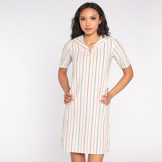Striped Sailor Collar Dress 70s Mini Dress Mod Nautical Short Sleeve Shift Day Dress Vintage 1970s Retro Twiggy Minidress Extra Small XS