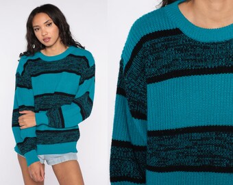 Turquoise Striped Sweater 80s Knit Ringer Sweater Slouch Sweater 1980s Jumper Vintage Pullover Retro Striped Black Medium